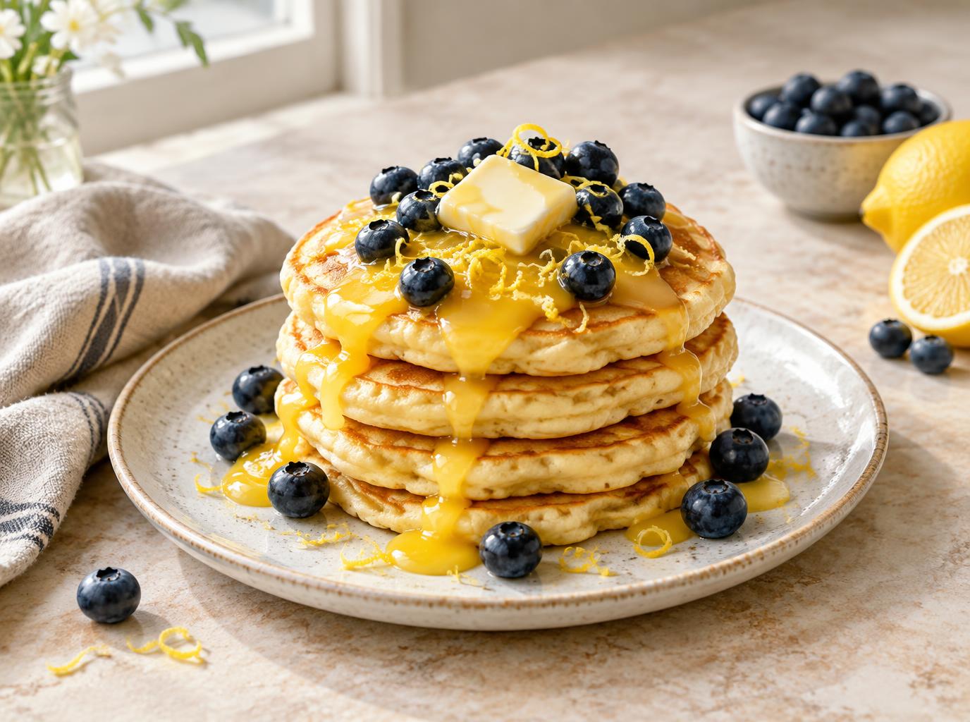 Golden lemon pancakes topped with blueberries and lemon curd