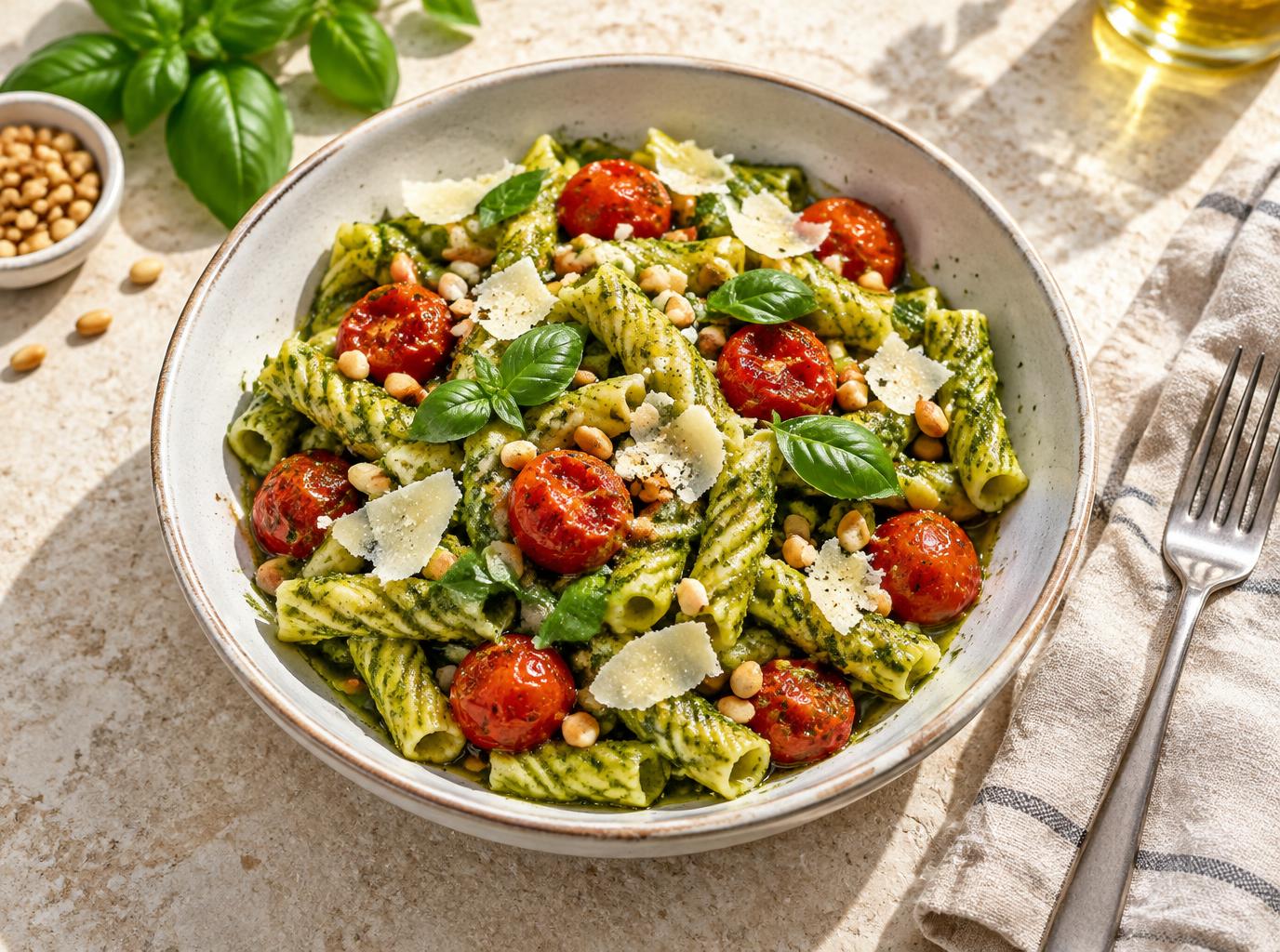 Pesto rigatoni with blistered cherry tomatoes, parmesan, and basil