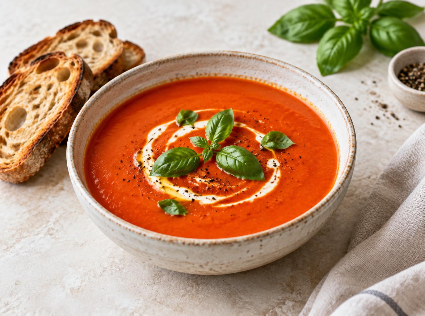 Roasted tomato soup with basil, cream, and toasted sourdough